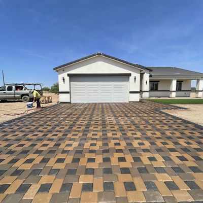 Full paver driveway in a mixed tan and charcoal blend, Eloy
