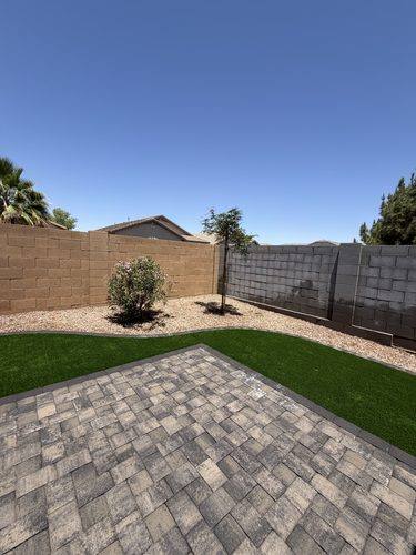 Finished backyard with paver patio, turf, and newly planted trees in the corners