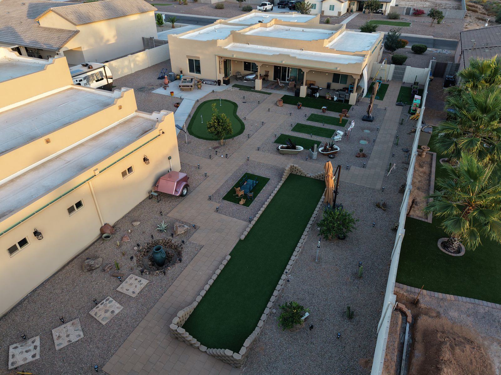 Drone photo of the same backyard once finished, matching the approved 3D render