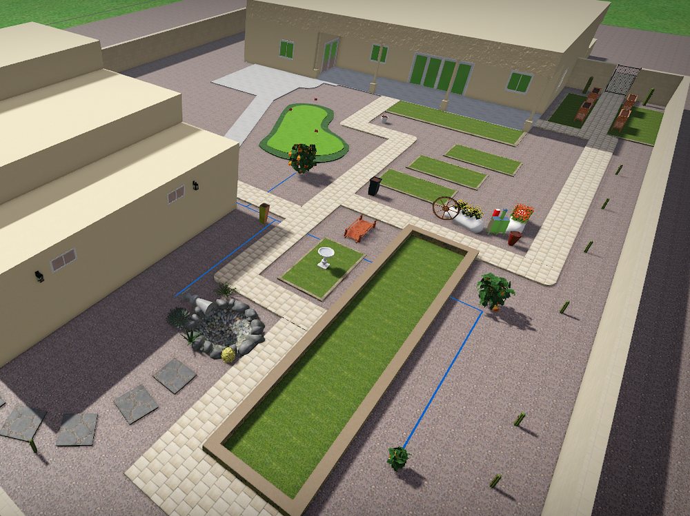 3D CAD render of the backyard design showing the bocce court, putting green, and paver walkways