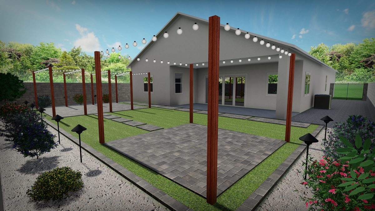 Daytime 3D render of the backyard design: bistro string lights on wood posts over a paver pad and turf