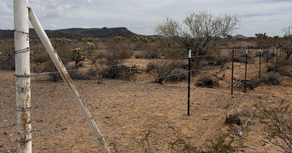 Existing wire property fence with a braced corner post on desert acreage